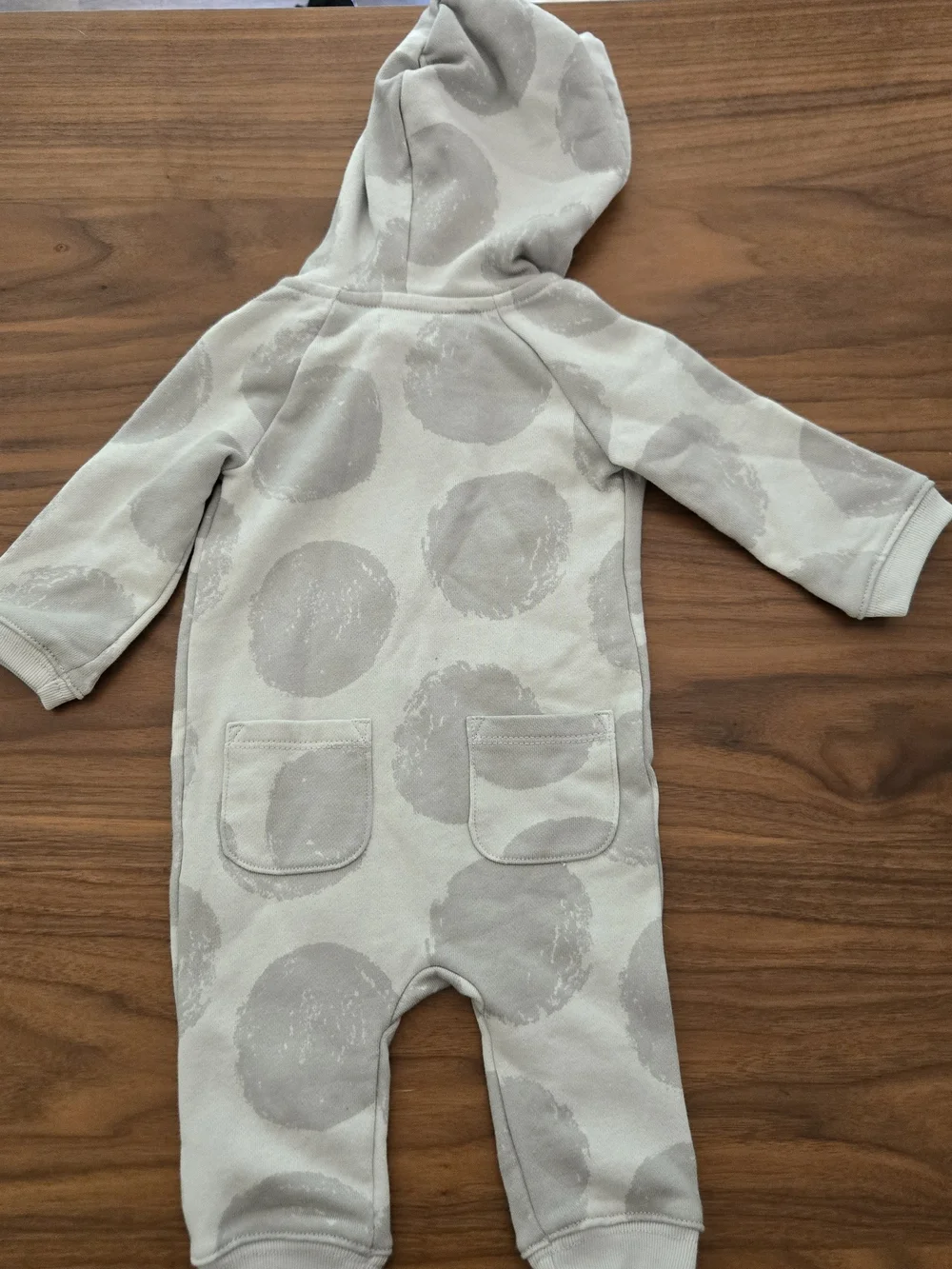 Baby Hooded One-Piece Romper in Light Gray Dot Print